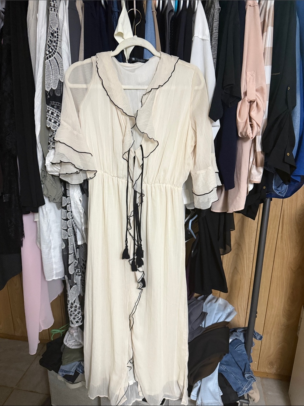 Zara Cream Maxi Dress with Black Trim and Tassel Details
